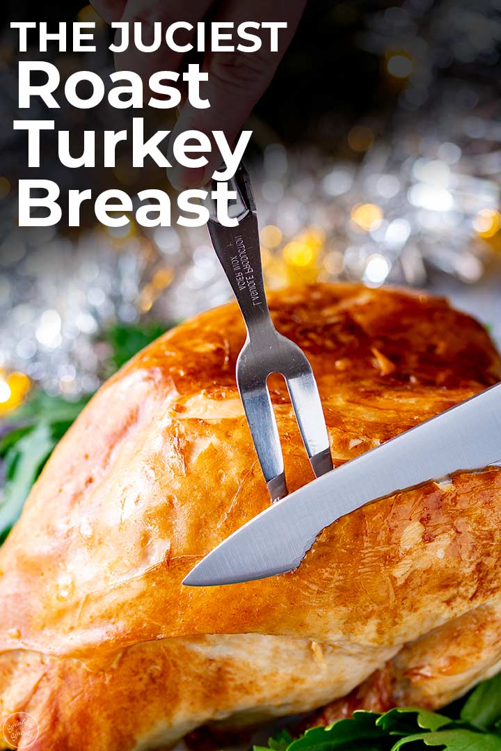 a knife carving a turkey breast with text at the top