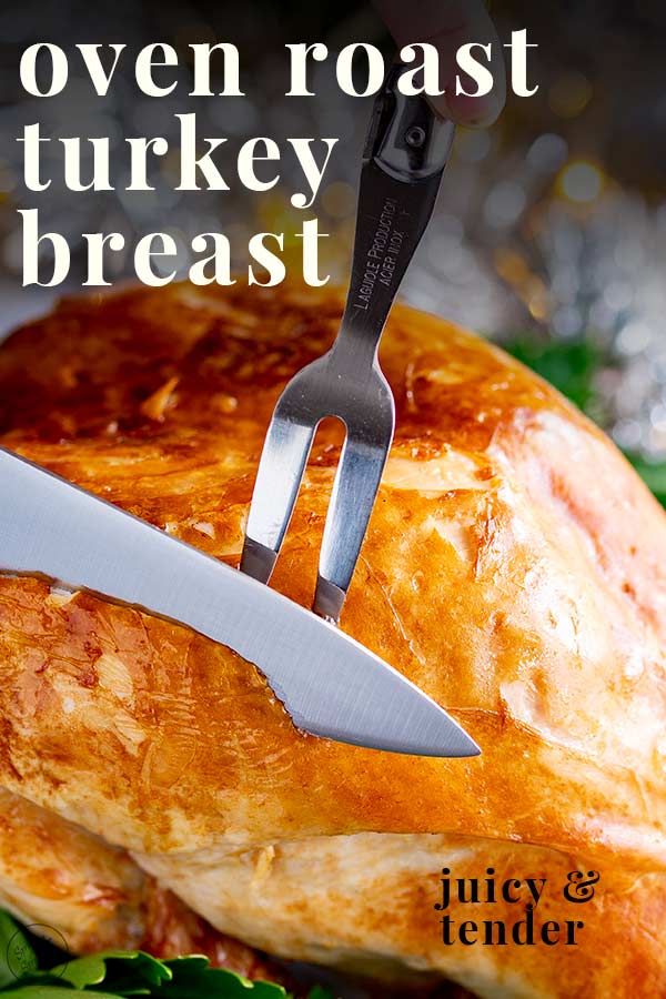 a knife carving a turkey breast with text at the top and bottom