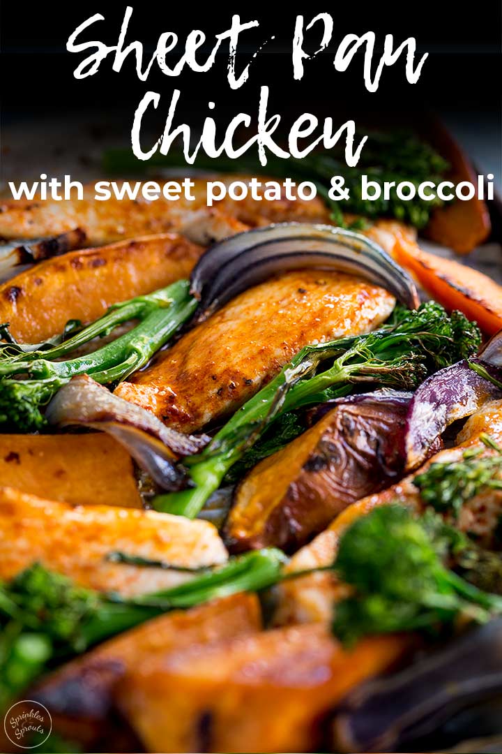 close up on the chicken sheet pan dinner with text at the top