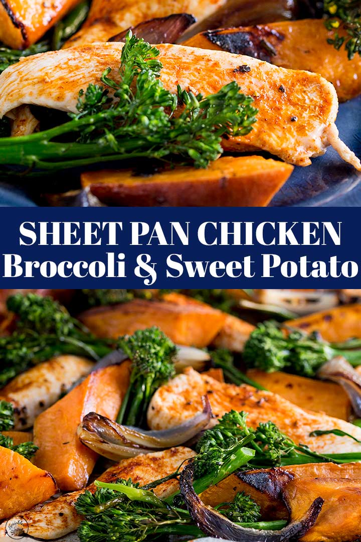 two picture of sheet pan chicken with text in the middle
