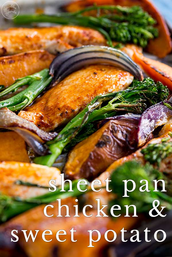 close up on the chicken sheet pan dinner with text at the bottom