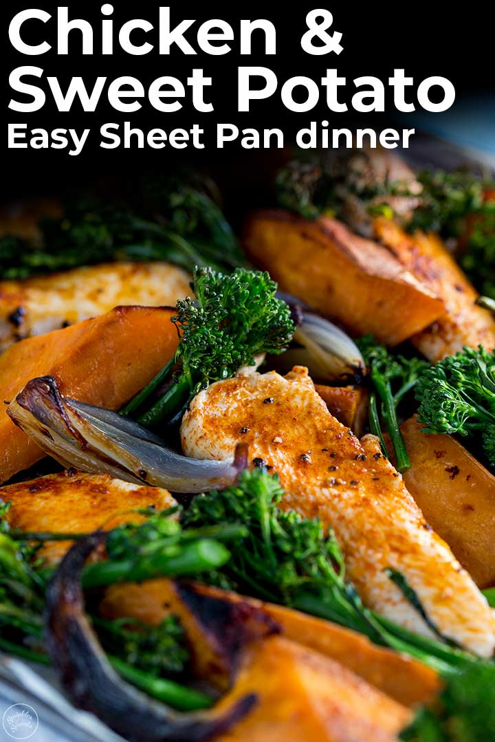 close up on the chicken sheet pan dinner with text at the top