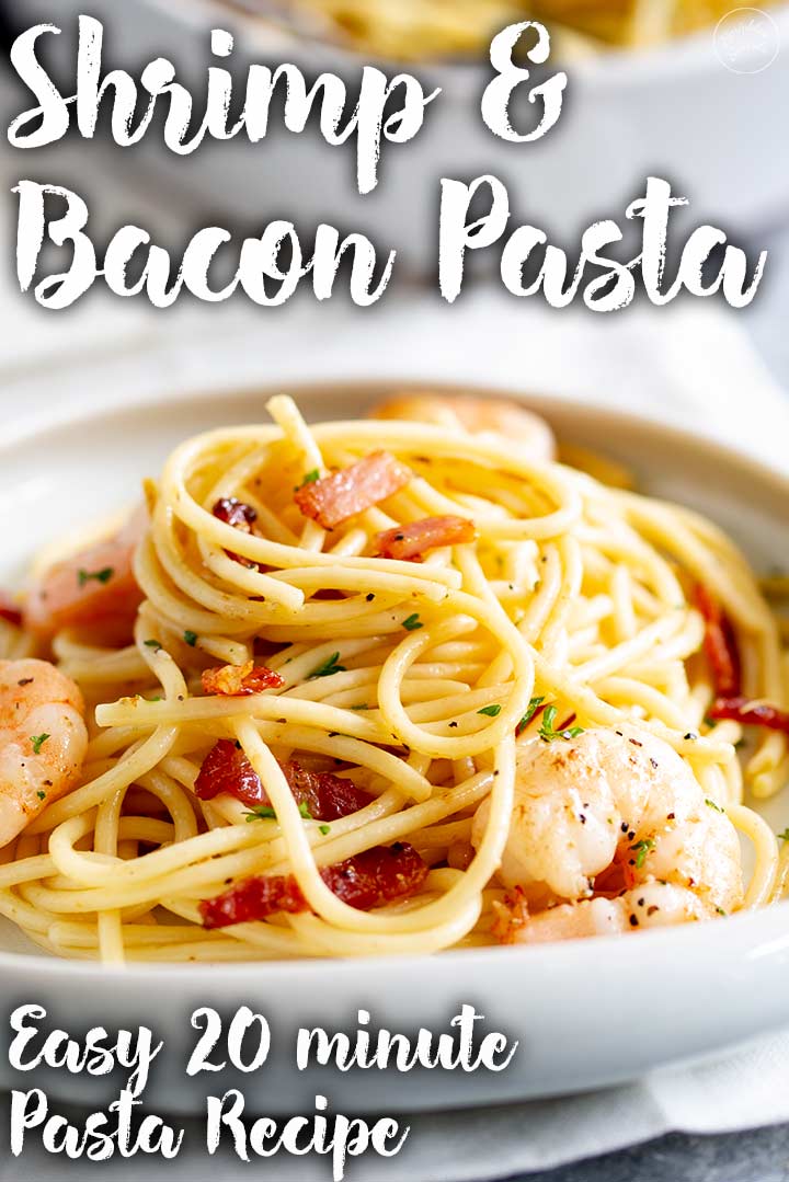 a plate of shrimp pasta with text at the top and bottom