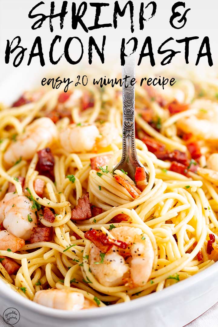 a fork swirling shrimp spaghetti with text at the top
