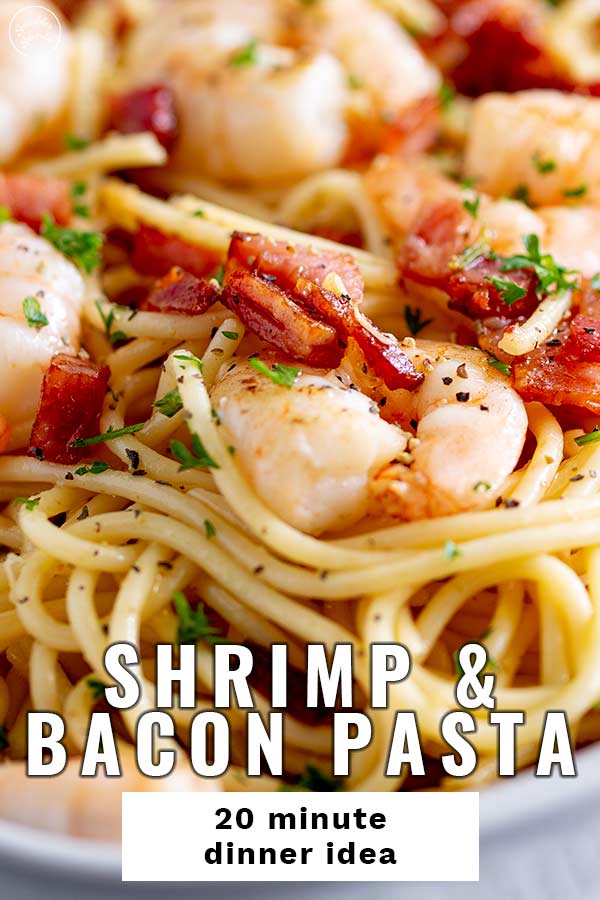 close up on the shrimp in the pasta with text at the bottom