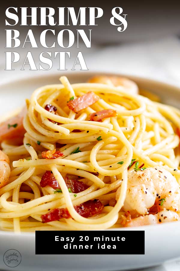 close up of shrimp pasta with text at the top and bottom