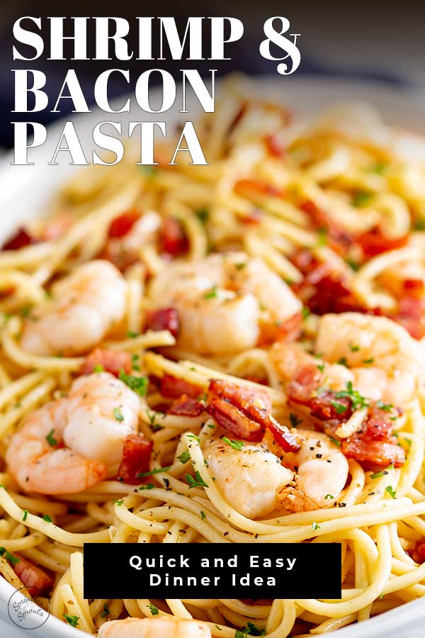 close up of shrimp pasta with text at the top and bottom