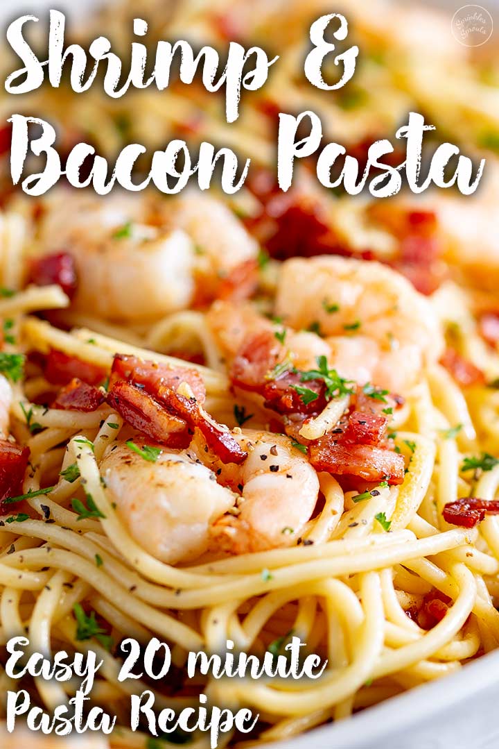 close up on a shrimp with bacon and pasta. Text at the top and bottom