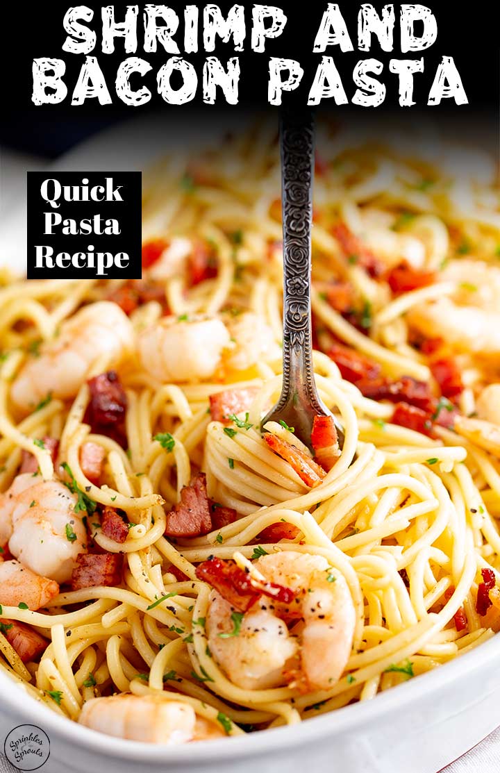 a fork twirling shrimp bacon spaghetti with text at the top