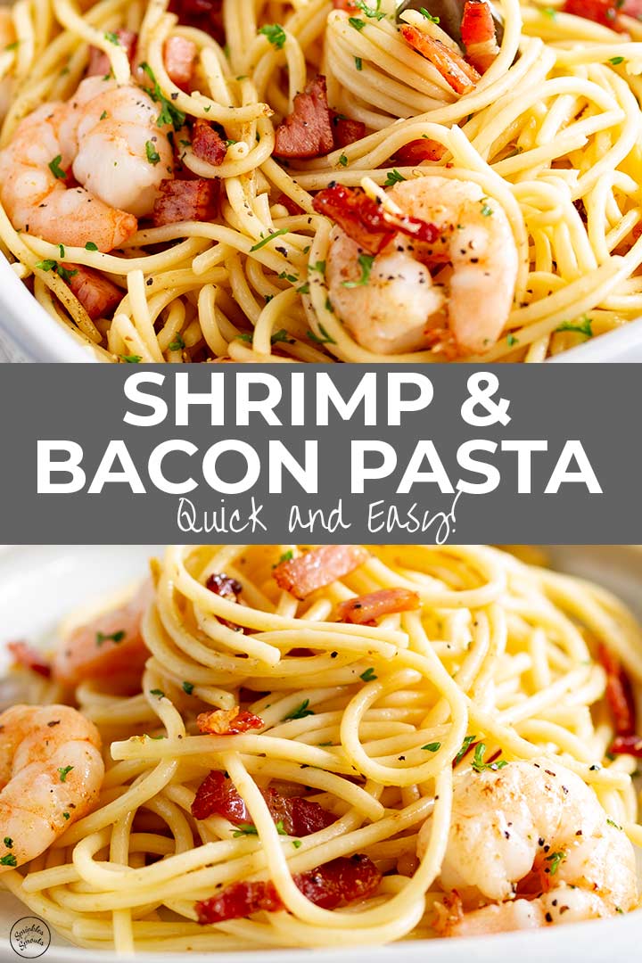 two pictures of shrimp and bacon pasta with text in the middle
