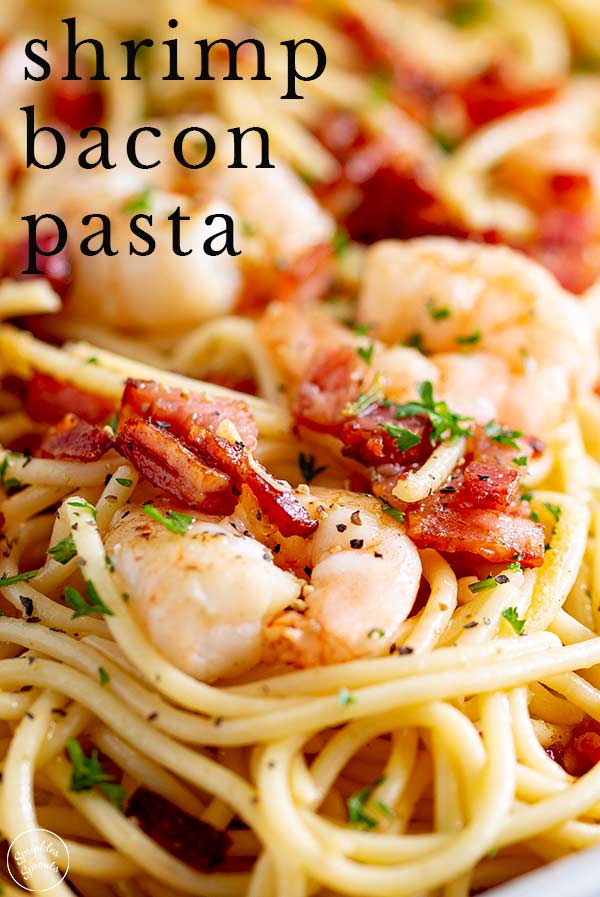 close up on the shrimp and bacon with text at the top