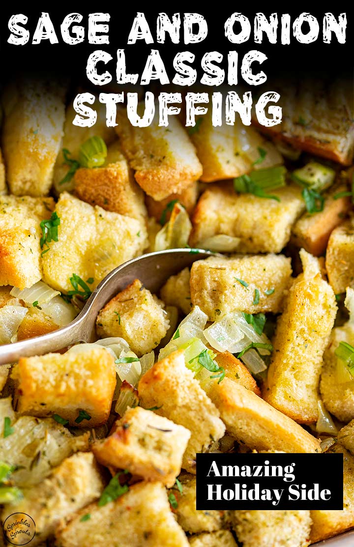 a spoon scooping up classic stuffing with text at the top