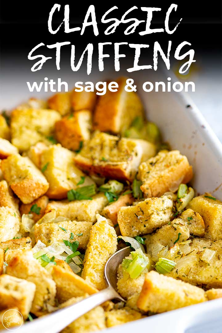 close up on sage & onion stuffing with text at the top