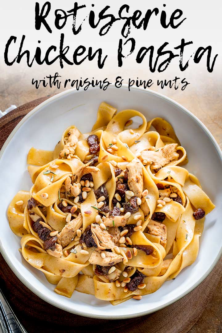 a bowl of chicken pasta with text the top
