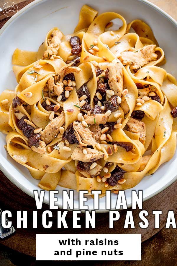 a bowl of chicken raisin pasta with text at the bottom