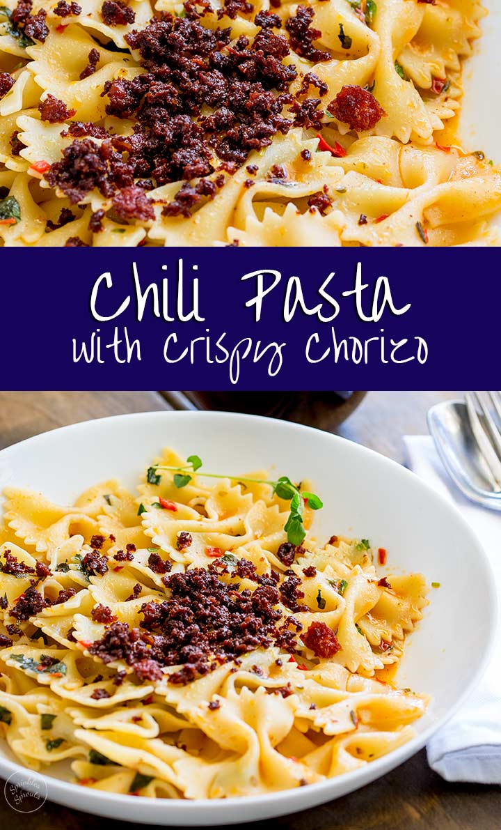 two pictures of chorizo chili pasta with text in the middle