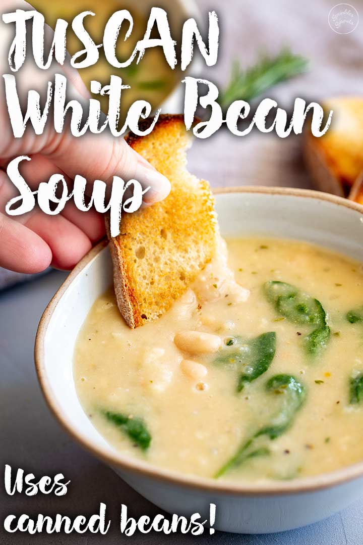 bread dipping into bean soup with text at the top and bottom