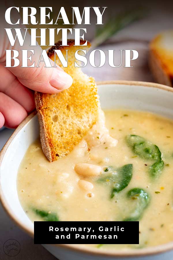 bread dipping into bean soup with text at the top and bottom