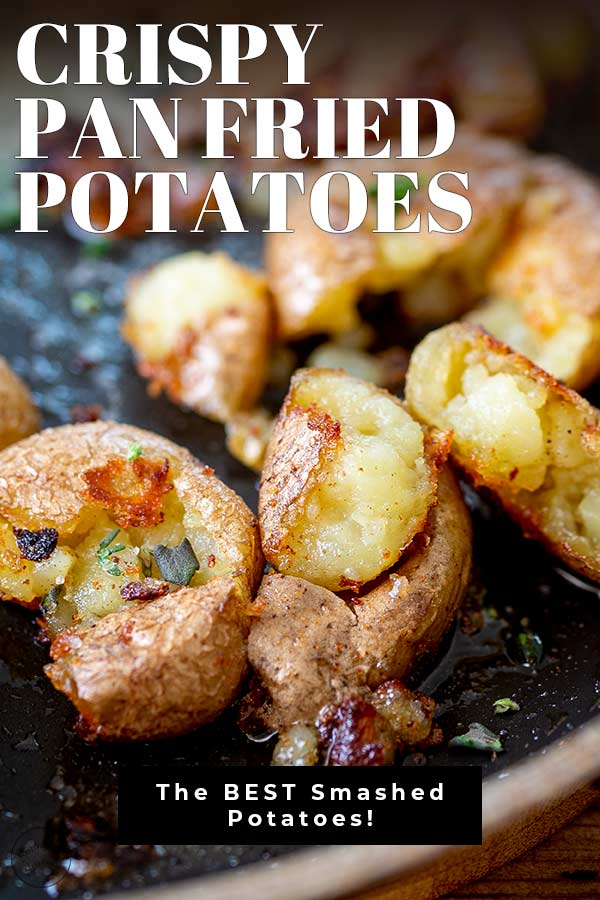 close up on fried crispy potatoes with text at the top and bottom
