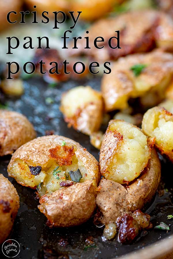 close up on fried skillet potatoes with text at the top
