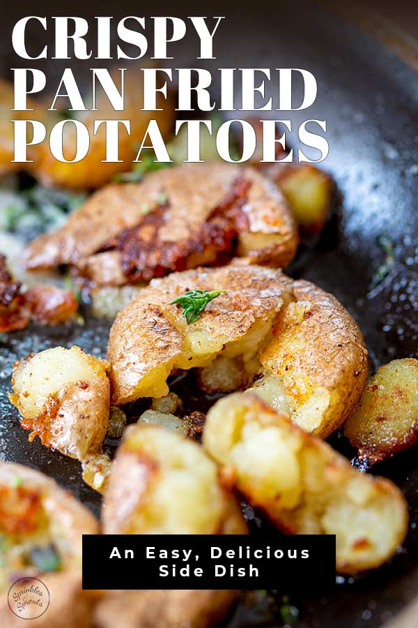 close up on fried skillet potatoes with text at the top and bottom