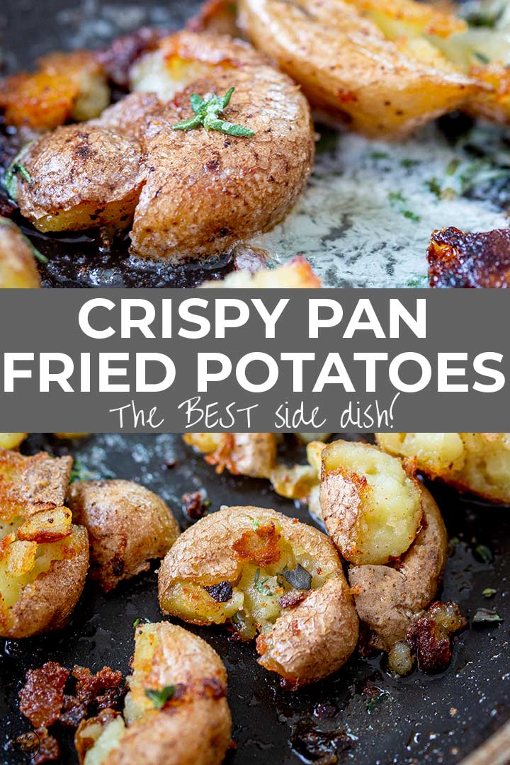 two pictures of pan fried baby potatoes with text in the middle