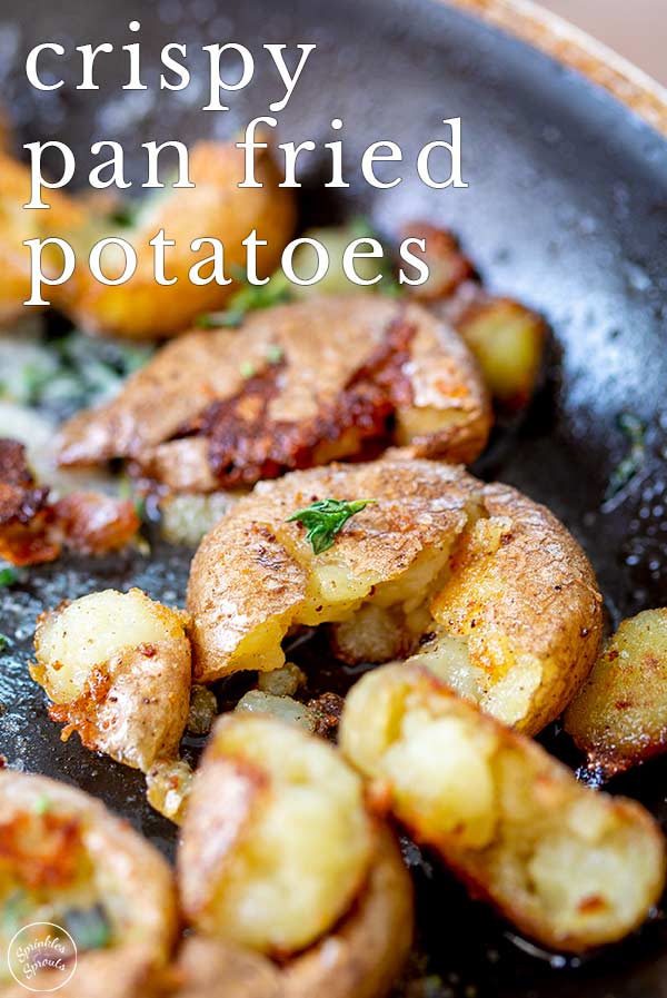close up on fried baby potatoes with text at the top