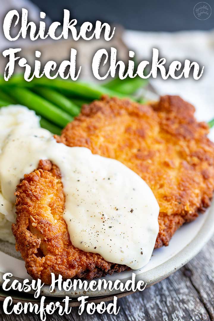 white gravy on chicken fried chicken with text at the top and bottom