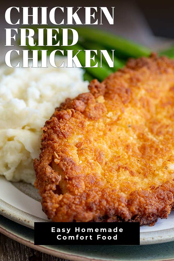 fried chicken, mash and green beans with text at the top and bottom