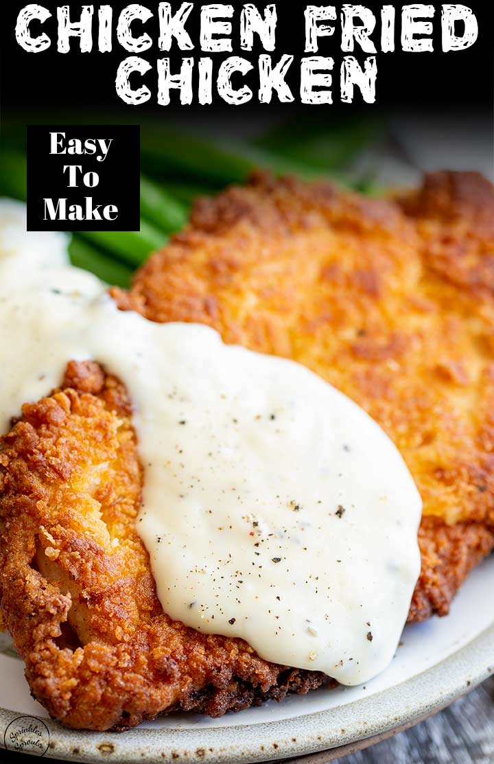 white gravy on chicken fried chicken with text at the top