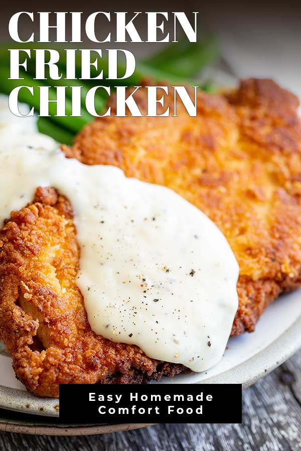 white gravy on chicken fried chicken with text at the top and bottom
