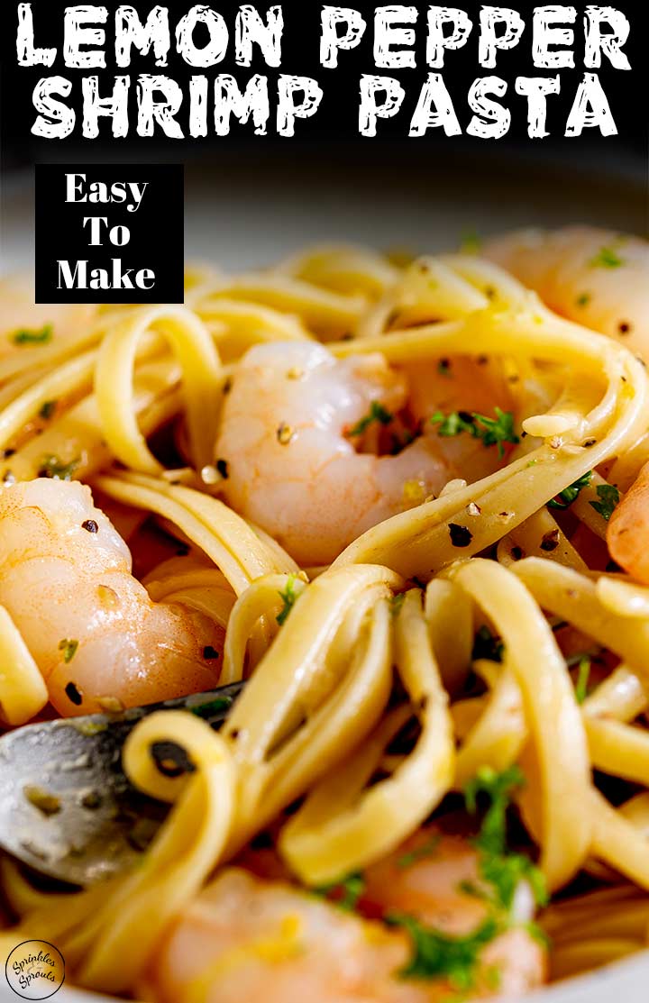 close up on lemon pepper shrimp pasta with text at the top