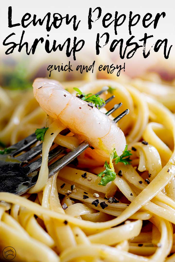 a fork stabbing a shrimp from a bowl of pasta with text at the top