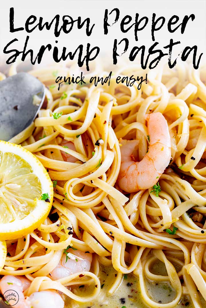 shrimp pasta with a butter sauce and text at the top