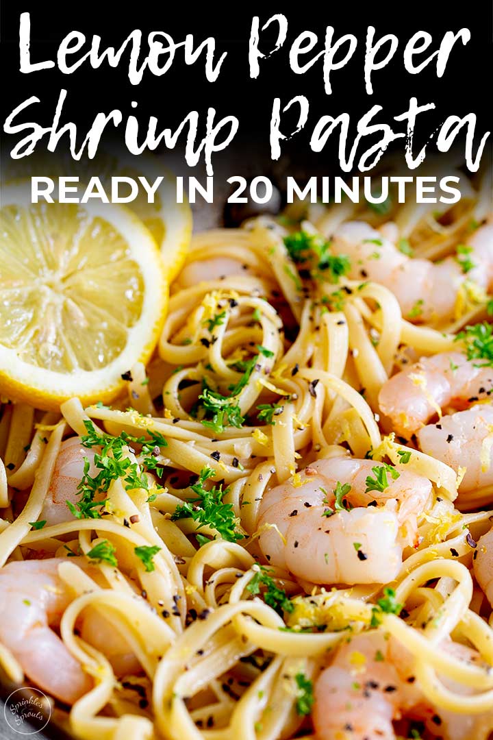 shrimp on a bed of pasta with lemon zest and parley, with text at the top
