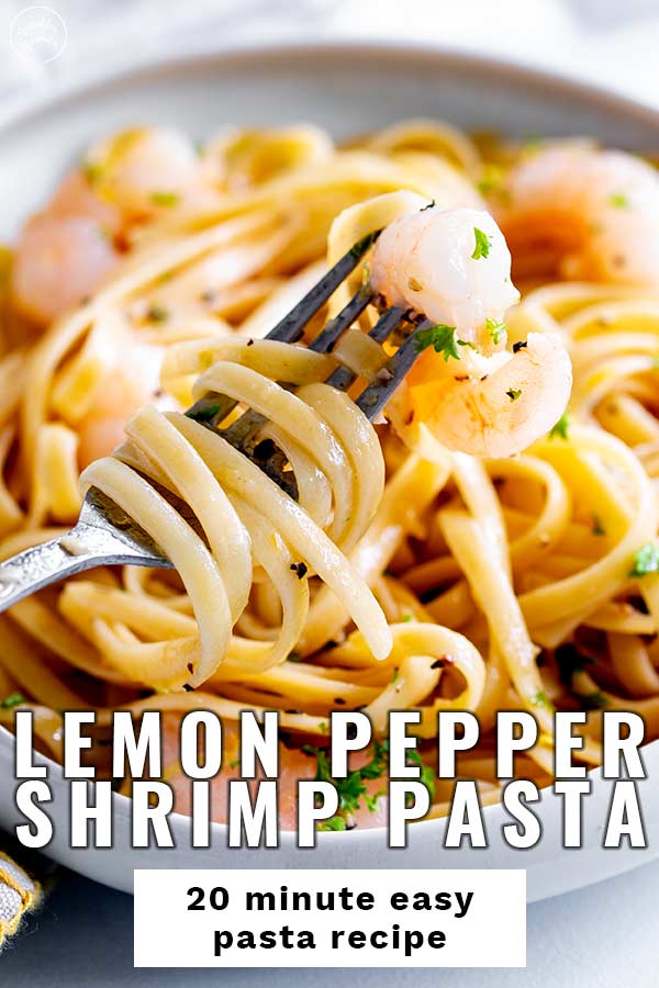 a fork swirling pasta around it with a shrimp at the end and text at the bottom