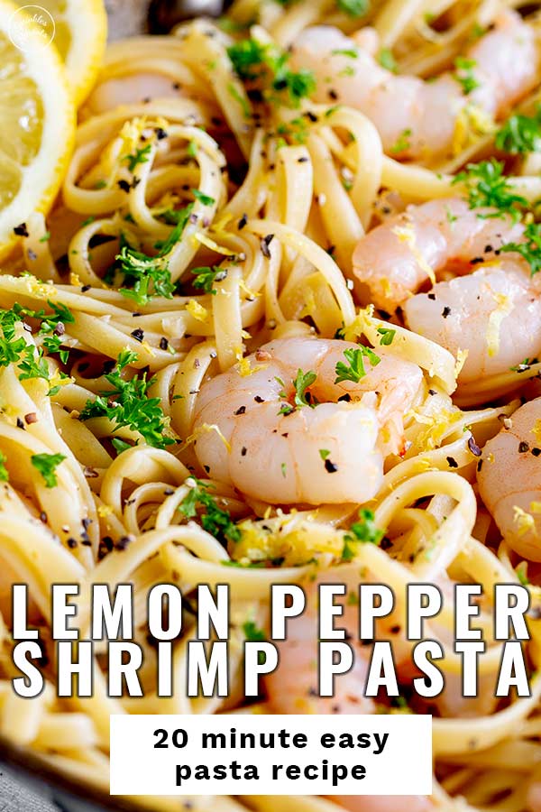 shrimp on a bed of pasta with lemon zest and parley, with text at the bottom