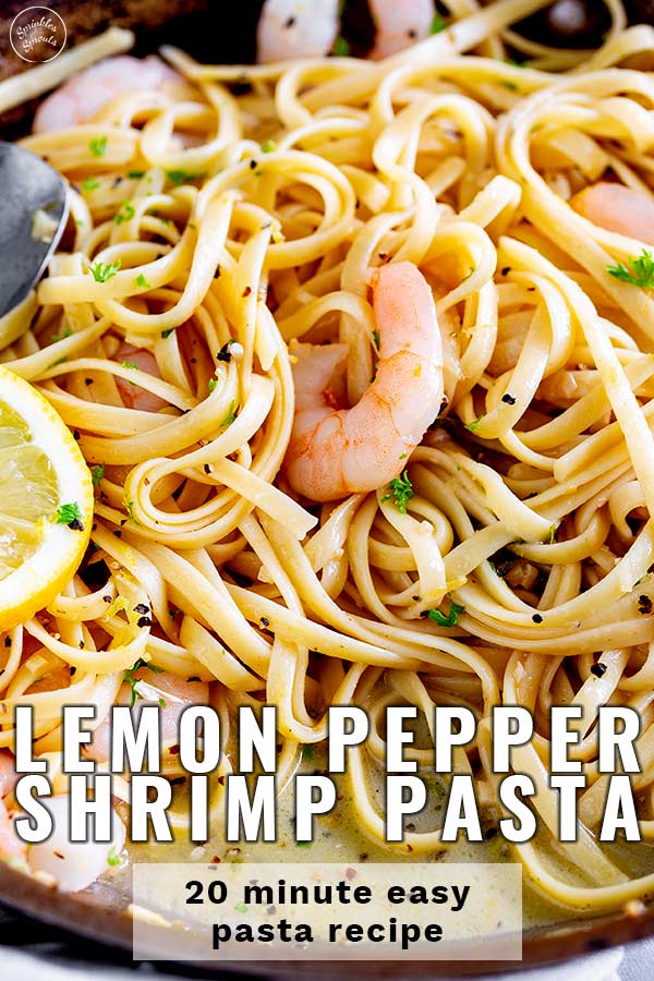 shrimp pasta with a buttery sauce and text at the bottom