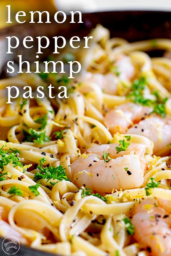 Close up on the shrimp in a bowl of pasta with text at the top