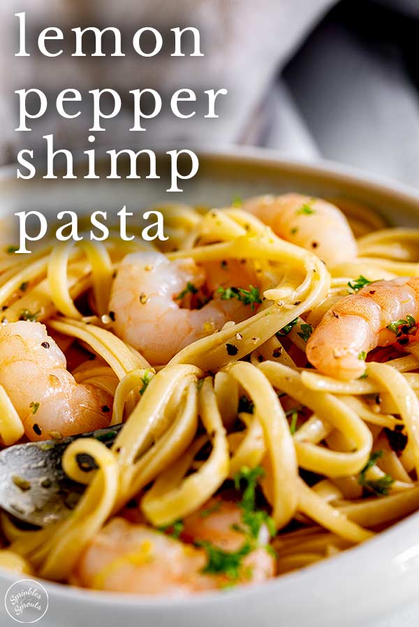 close up on the lemon shrimp pasta with text at the top