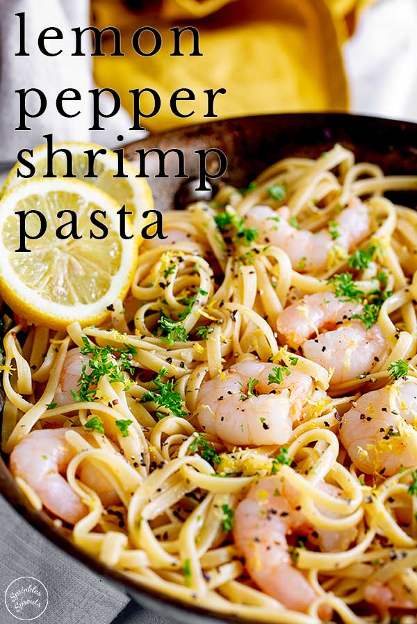 shrimp on a bed of pasta with lemon zest and text at the top
