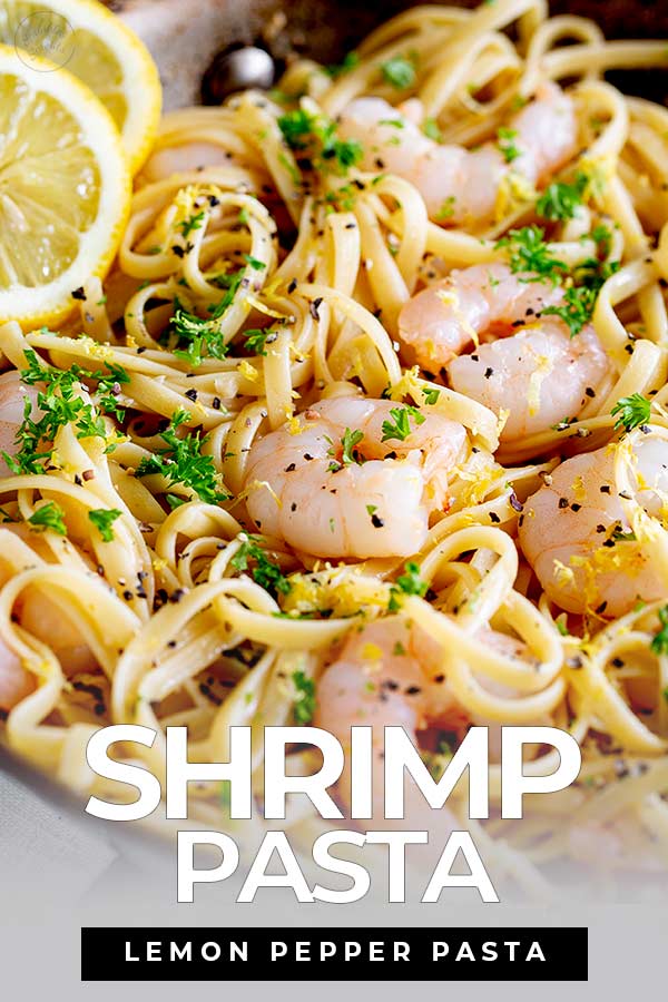 overhead of shrimp pasta with text at the bottom