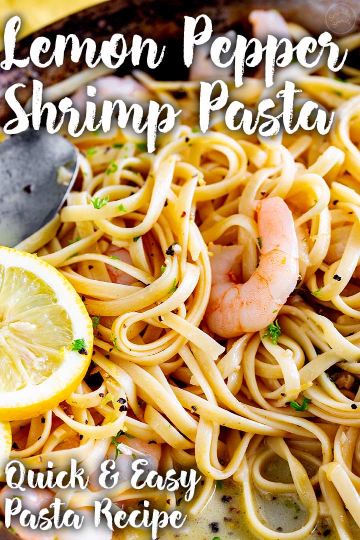 overhead of shrimp pasta with text at the top and bottom