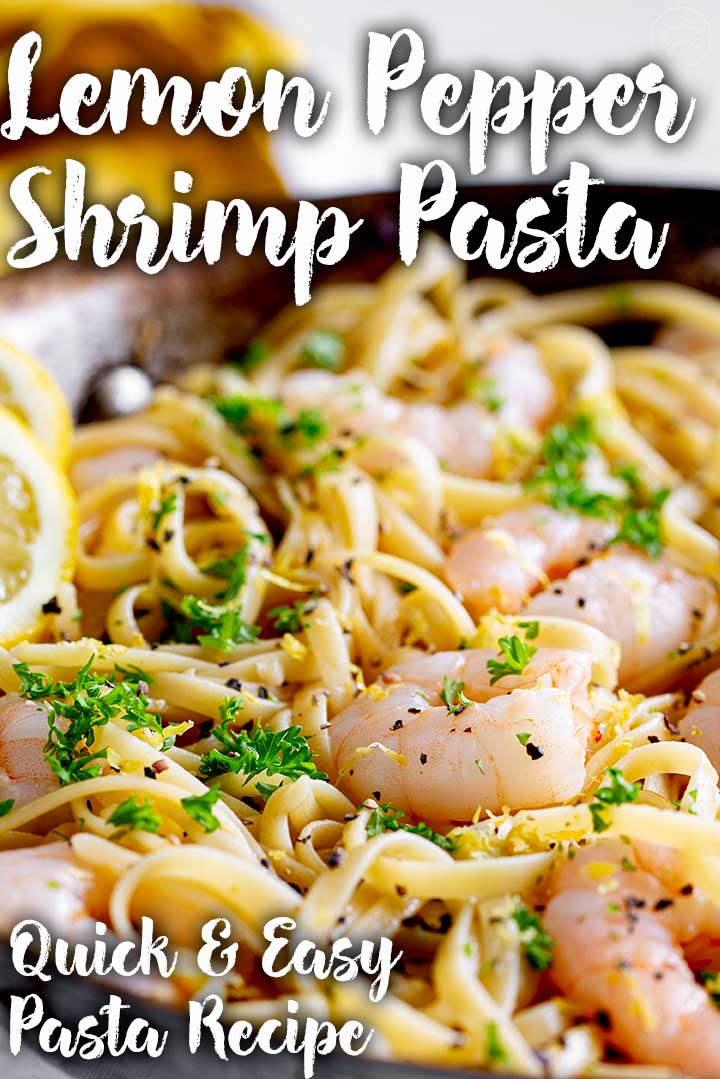close up on lemon srimp pasta with text at the top and bottom
