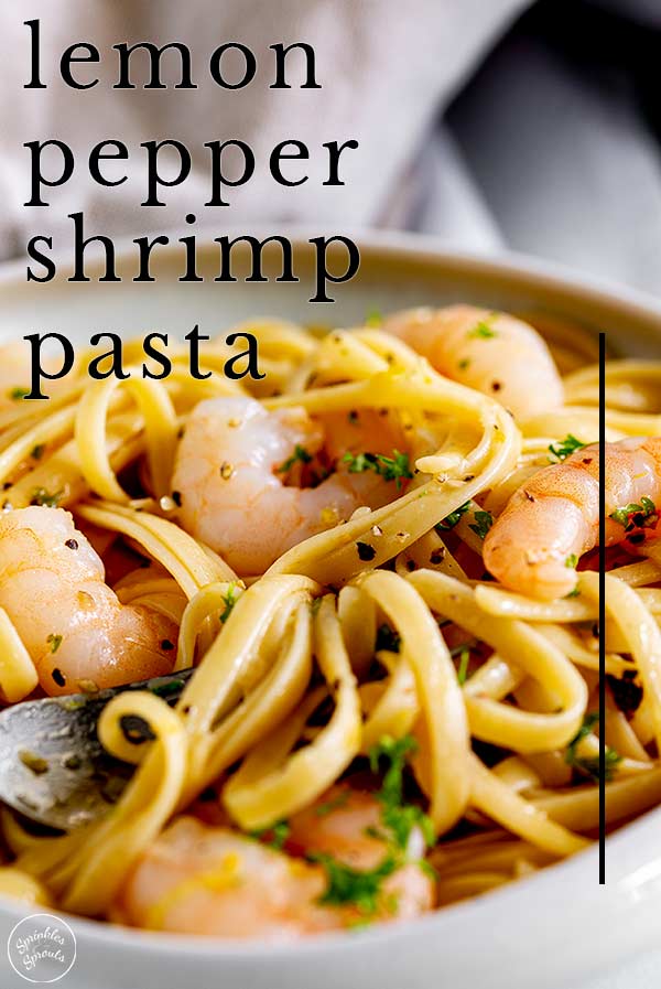 shrimp on a bed of pasta with lemon zest and text at the top