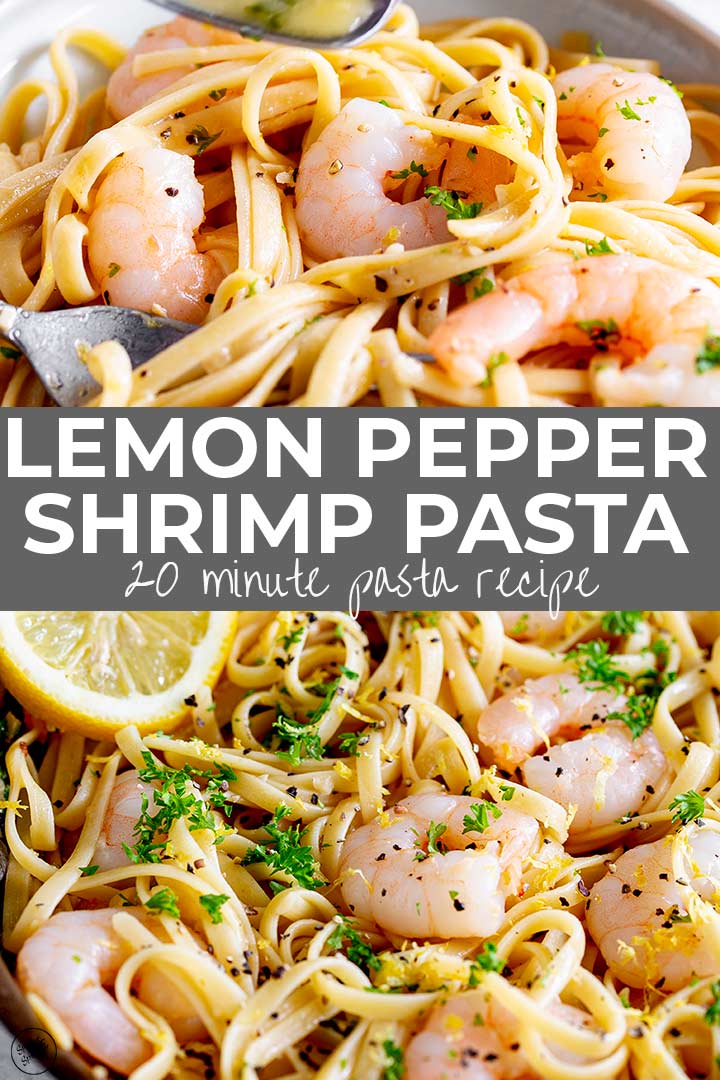two pictures of lemon pepper shrimp pasta with text in the middle