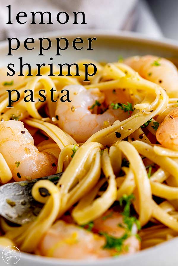 close up on shrimp pasta with text at the top