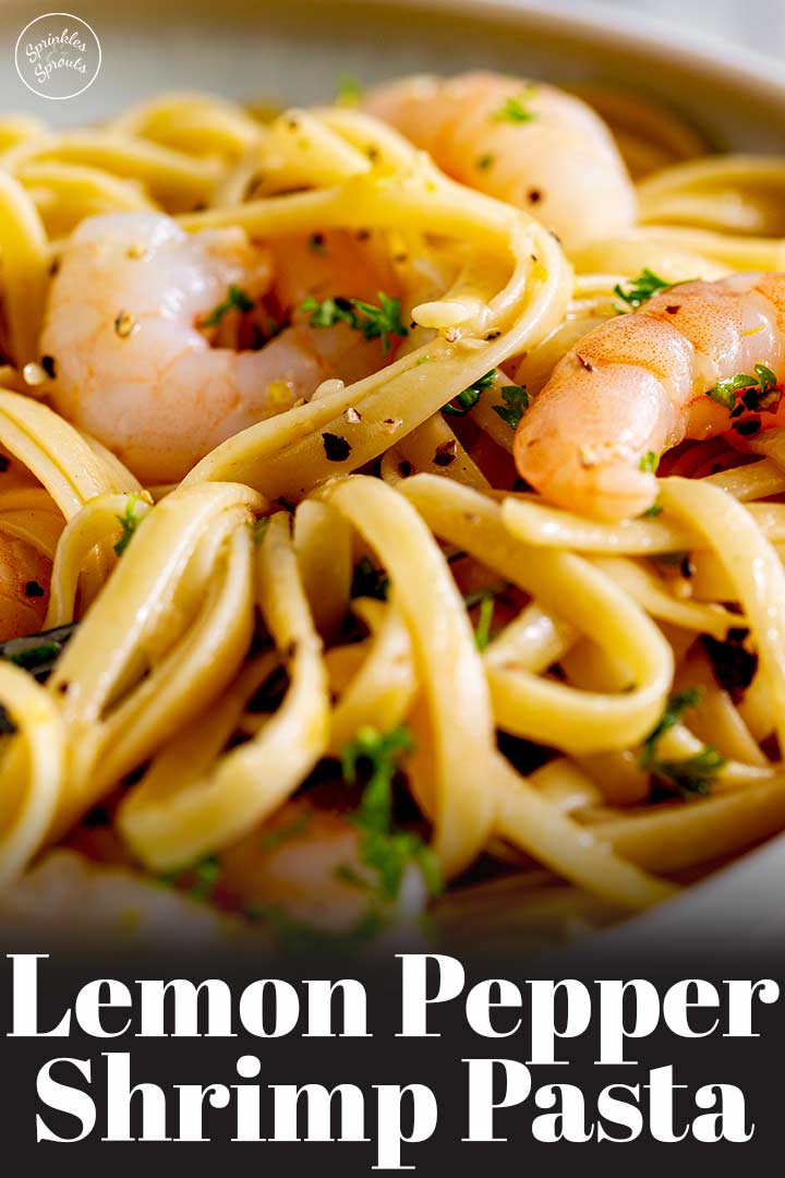 a bowl of shrimp pasta with text at the bottom