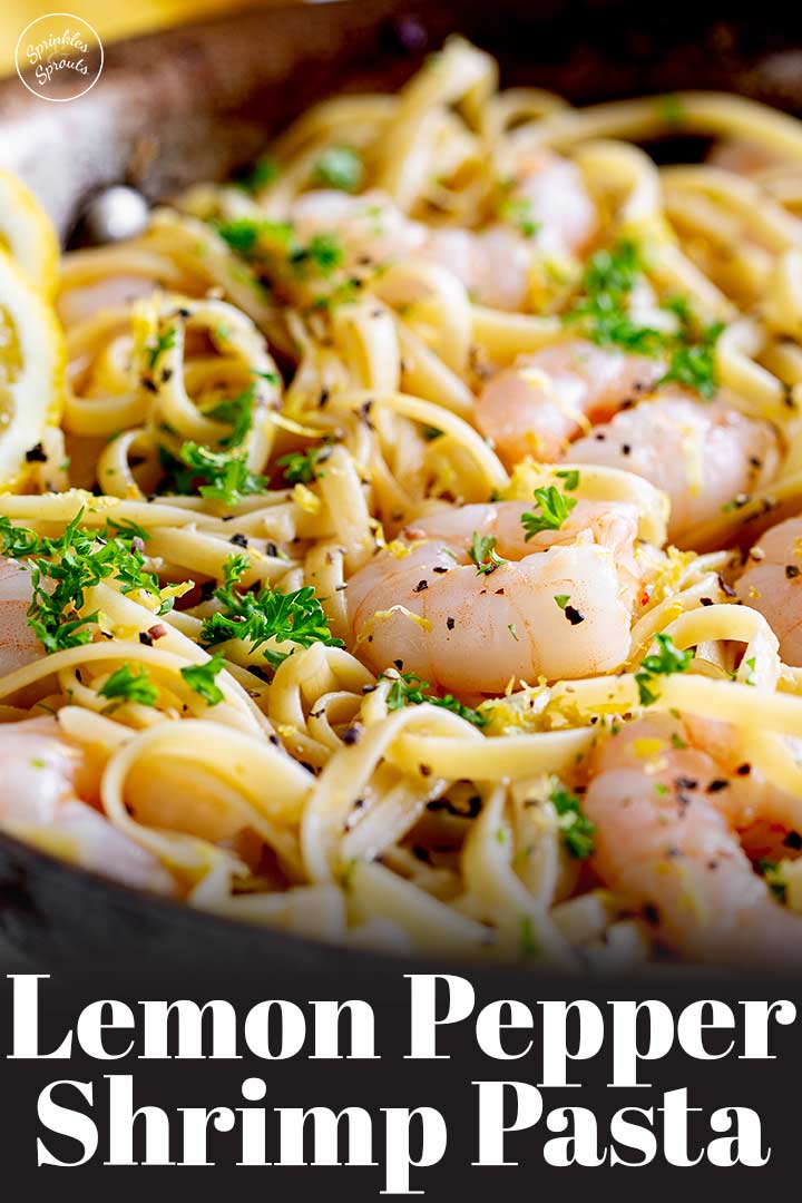 shrimp on a bed of pasta with lemon zest and text at the bottom