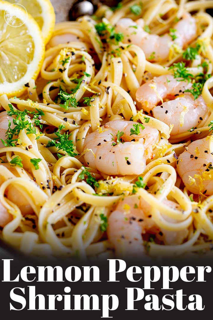 shrimp on a bed of pasta with lemon zest and text at the bottom